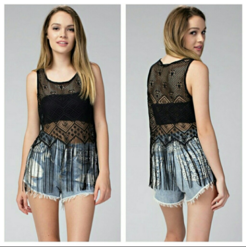 BLACK CROCHET LACE TANK WITH FRINGE